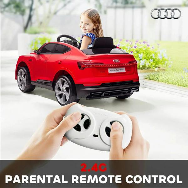 Red kids electric ride-on car with child inside and white parental remote controller