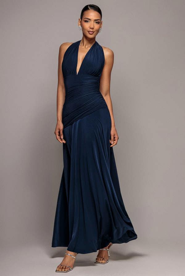 Halter Neck Empire Waist Gathered Maxi Dress - Navy Blue DR5259
