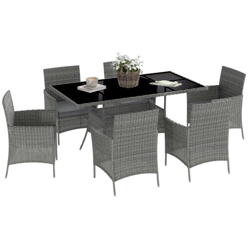 Wyld Haus Lona Rattan Charcoal Grey 6 Seater Outdoor Dining Set With Cushioned Armchairs And Rectangular Glass Table