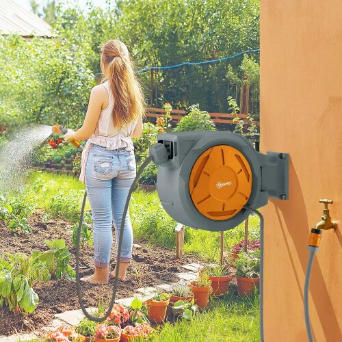 Bobobiy Retractable Hose Reel Wall Mounted, 30+2m Garden Hose Pipe Reel with Lock, 7 in 1 Spray Nozzle, 180° Swivel, 59 x 23 x 42 cm, Orange