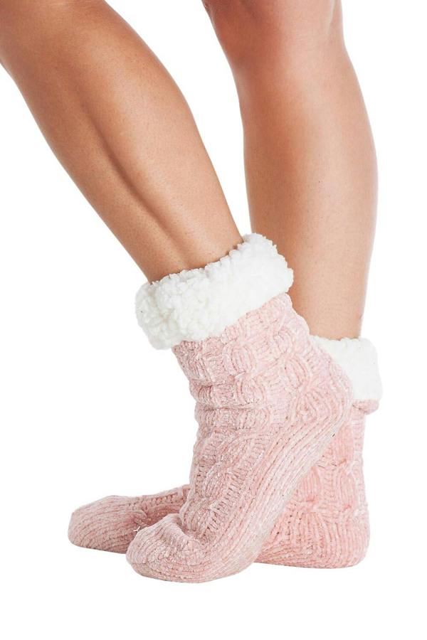 Ladies Chenille Cable Plain Slipper Sock