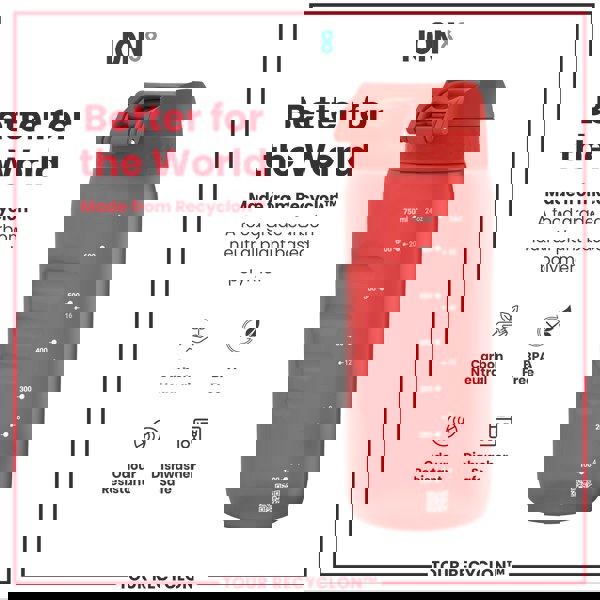 A red water bottle sits against a white background. It displays measurements in milliliters and ounces. Marketing text highlights its plant-based, carbon-neutral, and BPA-free construction.