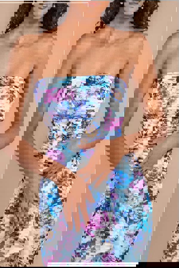 Ruffled Floral Scuba Foam Bandeau Midi Dress - Blue DR3745