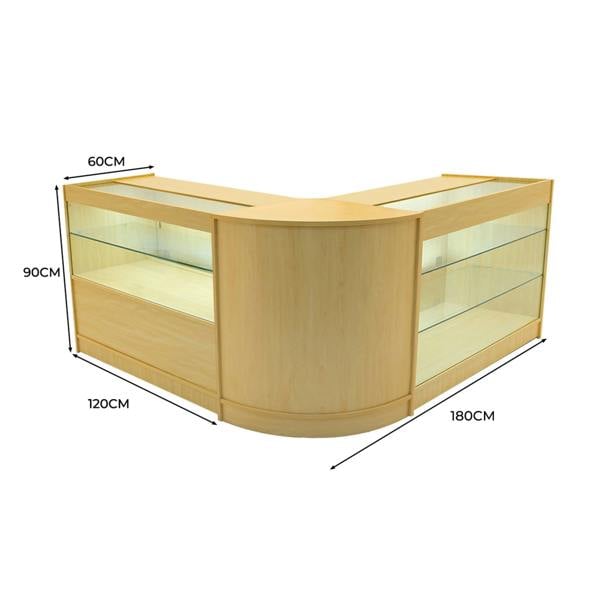 Hera LED Shop Counter Set in maple finish, featuring glass display shelves, curved design, and dimensions of 120x180x90 cm