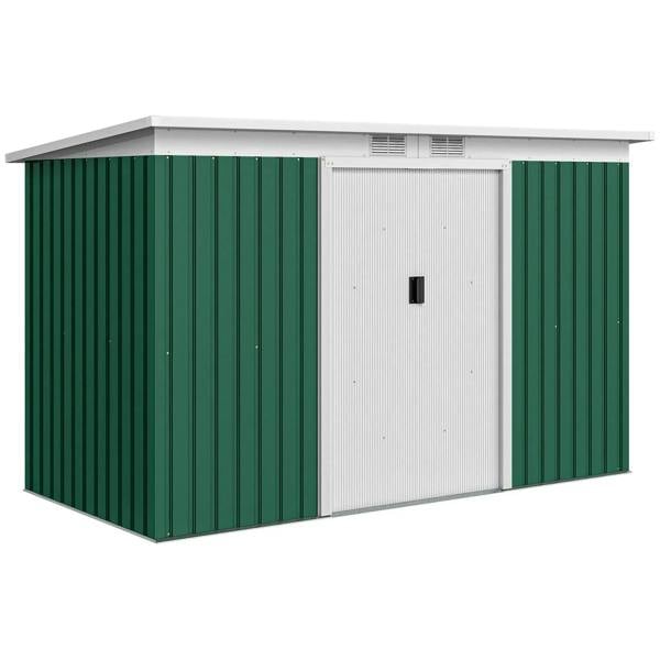 Deep green metal garden shed with double doors and white side panels