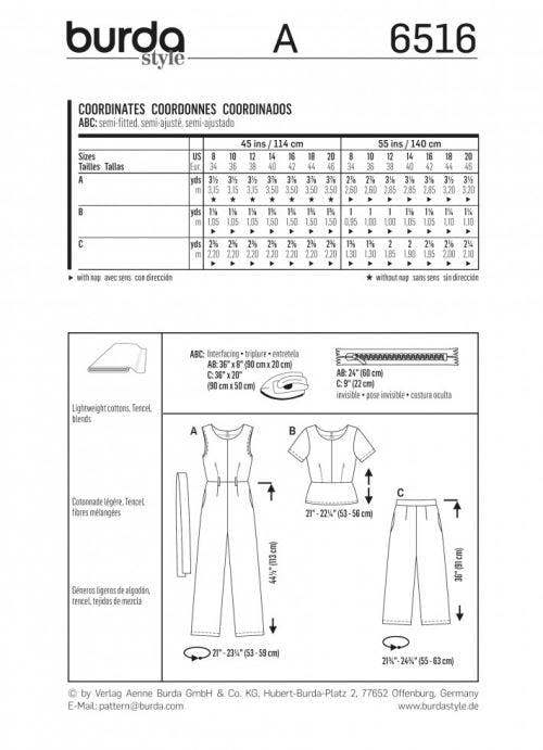 Burda Sewing Pattern 6516 Jumpsuits, Trousers and Tops For Women, 8 to 20 - Easy