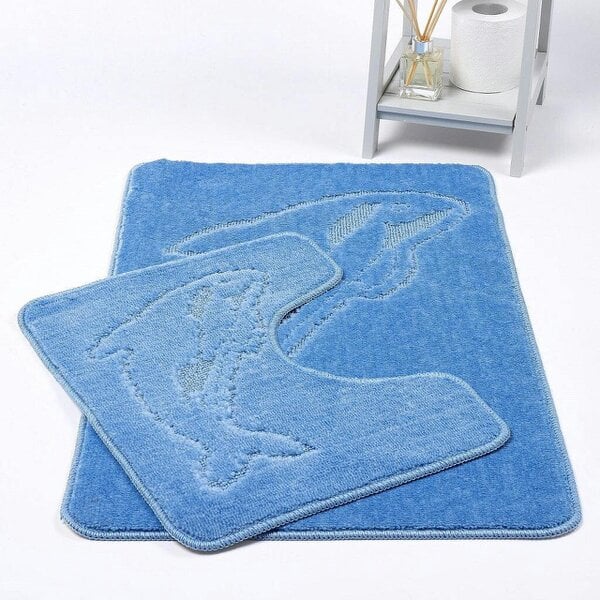 Night Zone Dolphin 2 Piece Bath Mat & Pedestal Set – Non-Slip Absorbent Bathroom Rug Set - Mid Blue