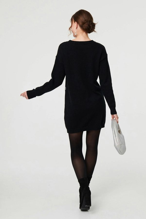 Black | Sequin Star Long Sleeve Knit Short Dress
