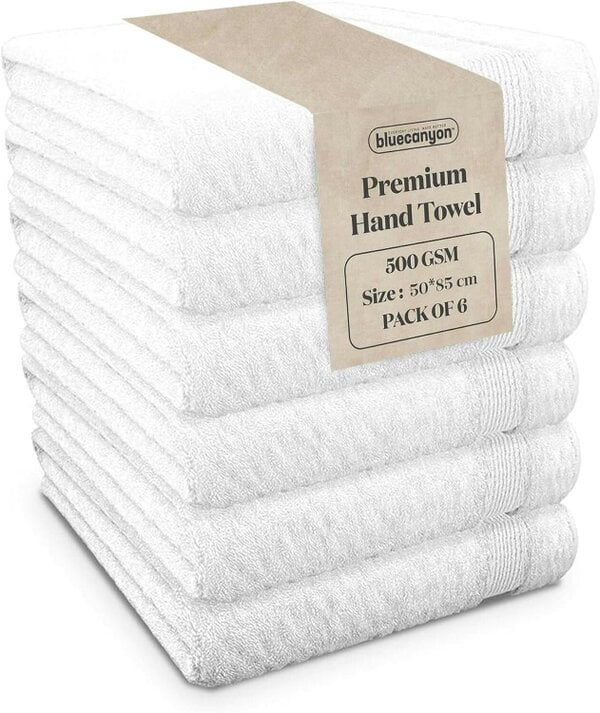 Blue Canyon Premier 100% Cotton Hand Towels 6 Pack 500 GSM - White, 50 x 85cm