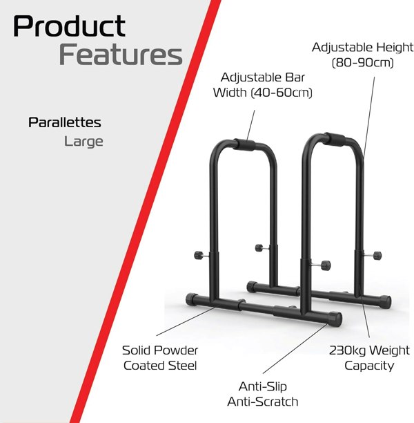 Large parallettes push-up handles in black, featuring adjustable height, solid powder-coated steel, and anti-slip design for stability