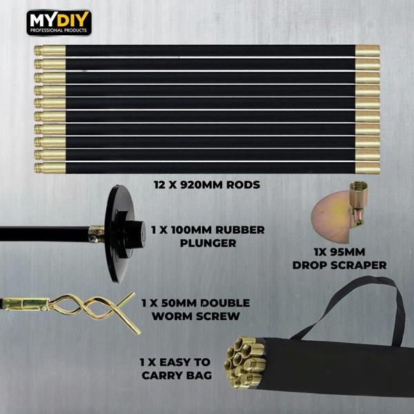 MY DIY PROFESSIONAL PRODUCTS MY DIY 31ft Drain Rod Set 14Pcs Includes Easy Carry Storage Bag Plunger Double Worm Screw & Connectors & Drain Unblocker