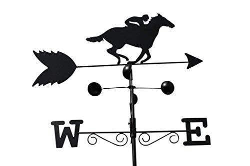 The Garden Marketplace Horse Racer Steel Weathervane with Ground Spike and Wall Fixing, Black Outdoor Wind Direction Ornament with Wind Speed Cups