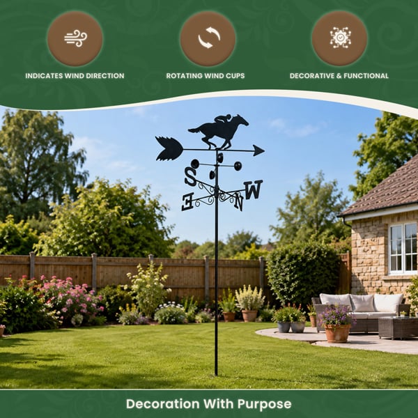 Horse Racer Steel Weathervane with Ground Spike and Wall Fixing, Black Outdoor Wind Direction Ornament with Wind Speed Cups