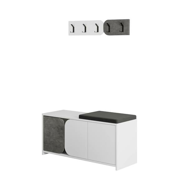 Decortie Modern Moni Shoe Cabinet 3-Door Storage Cabinet with 5-Hook Organiser Set Fabric Seat
