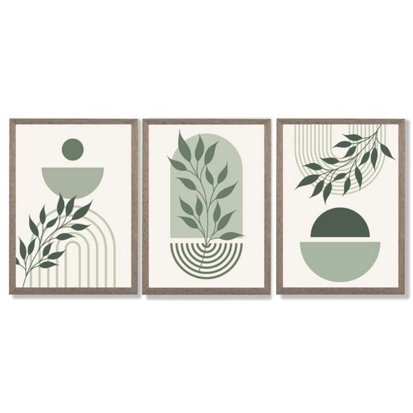 Set of 3 Boho Green and Beige Floral Framed Art Prints with Light Walnut Frames
