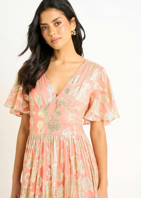 Gini London Pink Metallic Jacquard Flutter Sleeves Floral Maxi Dress