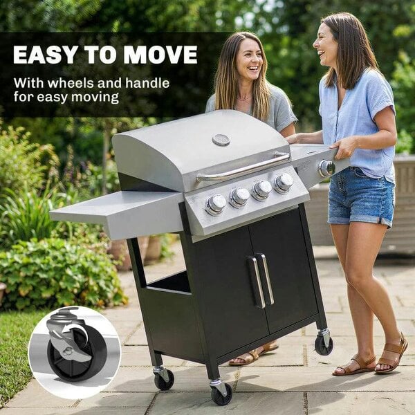 Bobobiy 4+1 Burner Gas BBQ Grill with Side Burner, 14.5 kW Steel Portable Gas Barbecue Grill with Built-in Thermometer, Lid