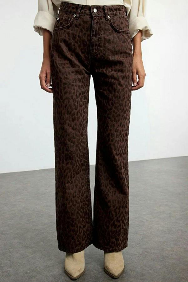 WOVCOR Suede Look Leopard Print High Waist Wide Leg Jeans