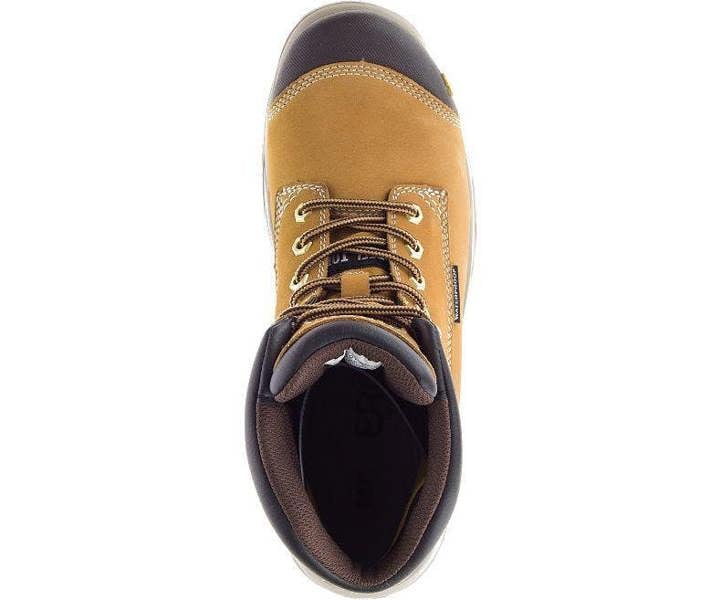 Caterpillar Spiro Mens Steel Toe/Midsole S3 Work Safety Boots, top view of a tan and black safety boot showcasing durable leather upper, padded collar, waterproof design, and steel toe protection.