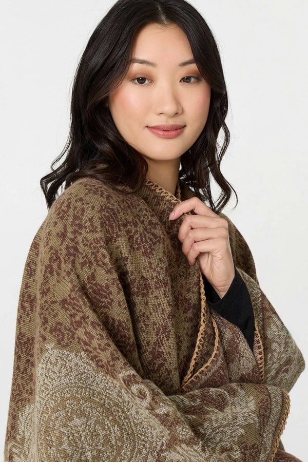 Beige | Printed Open Front Relaxed Poncho
