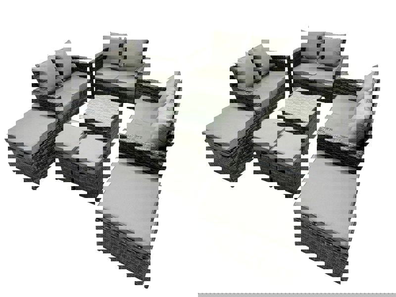 Fimous PE Rattan Garden Furniture Set Lounge Double Seat Sofa Coffee Table Set with 4 Stools Dark Grey Mixed