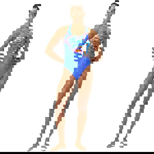 Speedo blue one-piece placement digital powerback swimsuit with colorful abstract design