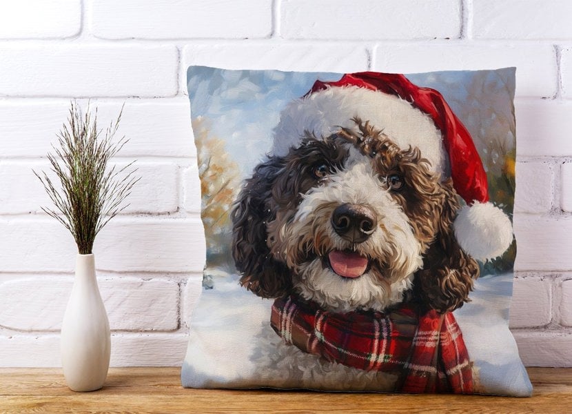 Warren Reed Snowy Christmas Spanish Water Dog Cushion