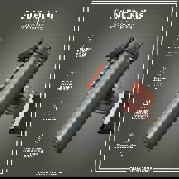 A dark-grey water bottle with a full flip lid is held; its lid folds back 240 degrees. The bottle is shown against a plain grey background. "Full Flip Lid 240° Opening" and other features are labeled. QUENCH THERMAL.