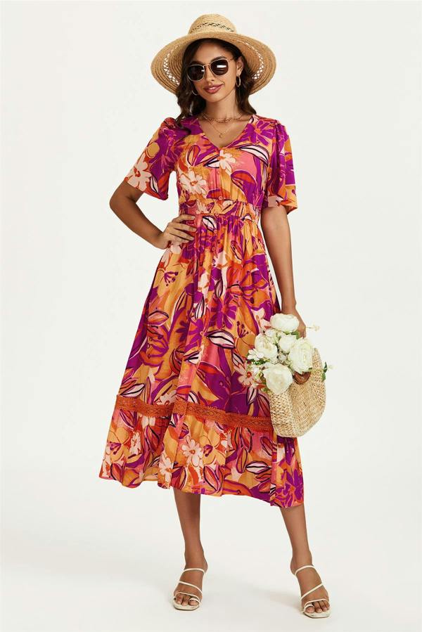 FS Collection Floral Print Button Down Maxi Dress In Pink Orange
