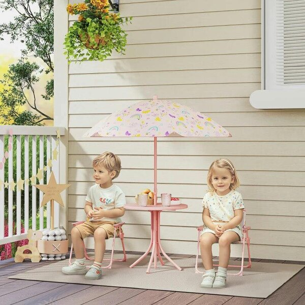4-Piece Kids Garden Table and Chair Set with Adjustable Parasol, Folding Chairs, Table, Rainbow Pattern, Pink