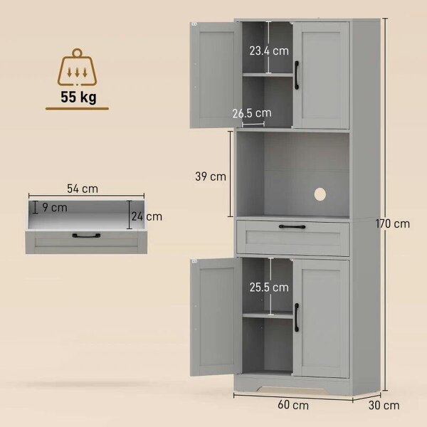 170 cm Tall Kitchen Pantry with Adjustable Shelves, Freestanding Storage Cabinet with Open Shelf, Grey