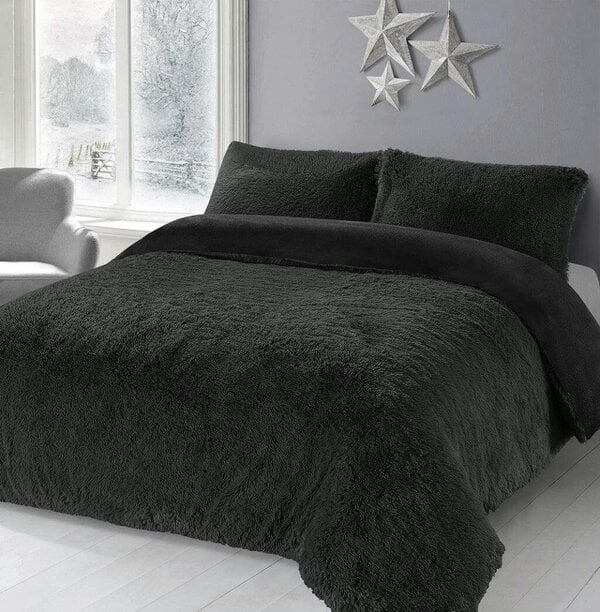 Night Zone Alaska Cuddles Long Fur Teddy Fleece Duvet Cover Set – Warm Bedding with Pillowcases - Black