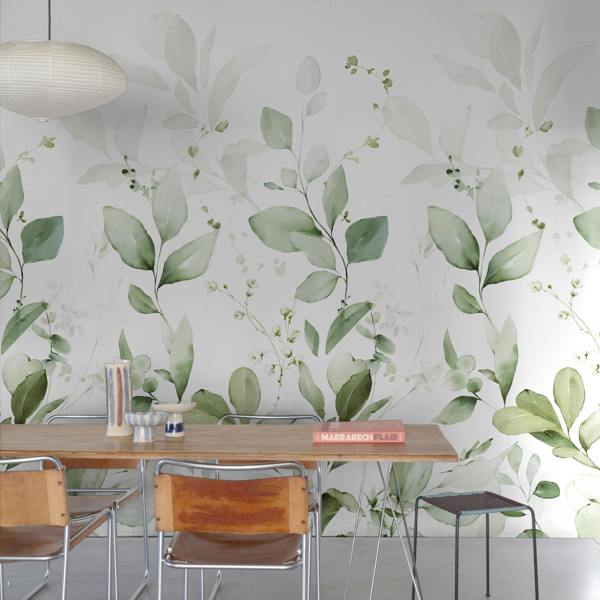 Grandeco Quillan Delicate Watercolour Leaves 3 panel repeatable Mural 1.59 x 2.8m, Green
