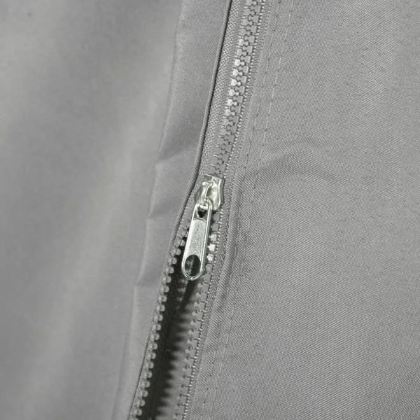 Light grey sidewall curtain with metal zipper track and stitched seam detail
