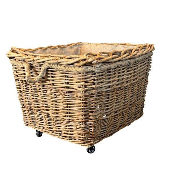Square Hessian Lined Wheeled Log Basket