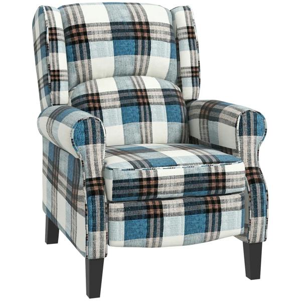 Blue plaid wingback reclining chair with footrest, padded arms, and dark wooden legs.