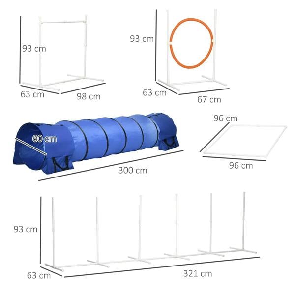 Six-piece dog agility equipment set layout with blue tunnel, orange ring, square panels and poles