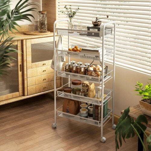Wyld Haus Visovi Metal White 5 Basket Steel Storage Trolley With Wheels