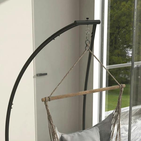Black hammock chair stand with top hook and rope-connected suspension bar