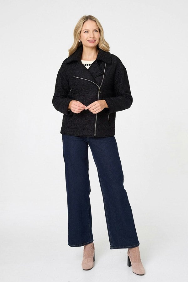 Black | Textured Asymmetric Biker Jacket
