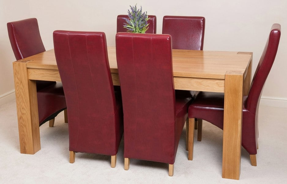 That's Furniture Kuba Large Oak Dining Table with 6 Lola Burgundy Leather Chairs