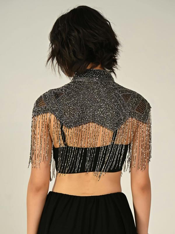 Rose & Nancy Bonnie Hand Embellished Black Silver Fringe Cape Top