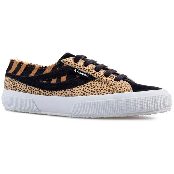 Superga Womens Cheetah & Zebra Print Cowhide Leather Trainers - Black