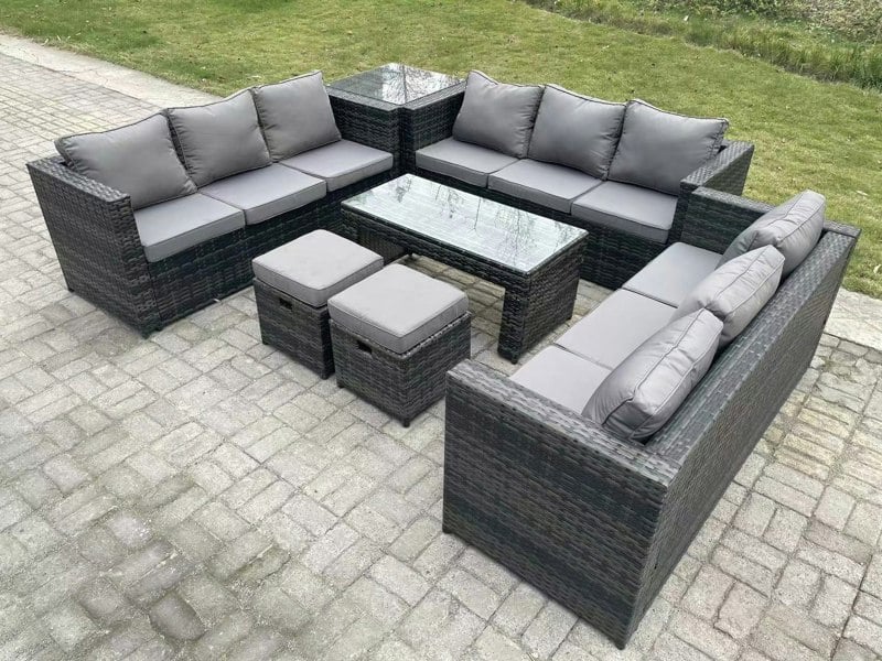 Fimous Outdoor Rattan Garden Furniture Lounge Sofa Set With Oblong Rectagular Coffee Table 2 Stools And Side Table