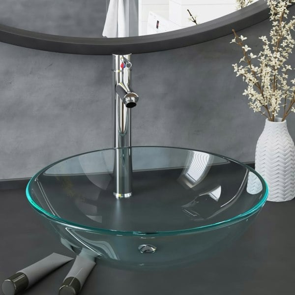 Berkfield Bathroom Sink with Tap and Push Drain Clear Tempered Glass