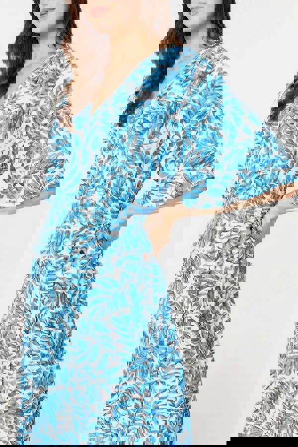 Blue | Leaf Print 1/2 Sleeve Wrap Dress