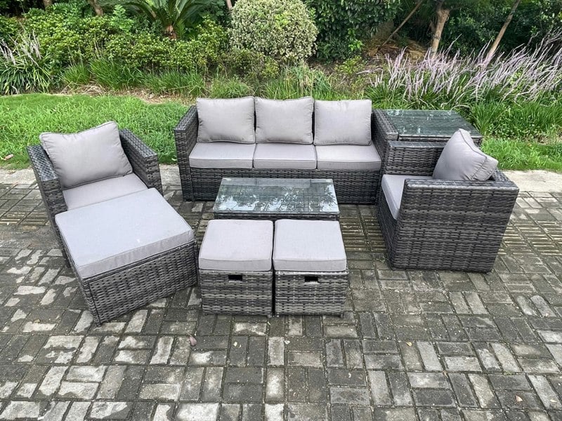 Fimous Outdoor Rattan Garden Furniture Set with 3 Seater Sofa Coffee Table Side Table 2 Armchairs 3 Footstools Patio Lounge Sofa Set Dark Grey Mixed