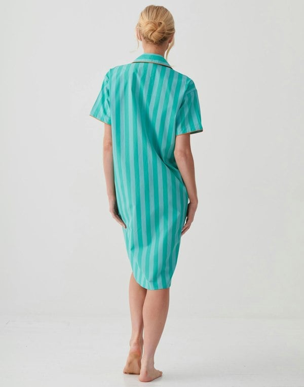 British Boxers Women's Crisp Cotton Short Sleeve Nightshirt – New York Turquoise Stripe