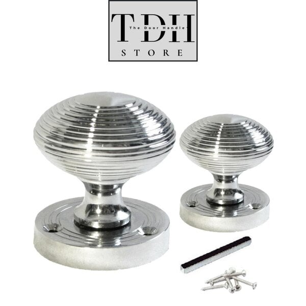 EDH Door Hardware Polished Chrome Reeded Round Door Knobs with Tubular Latch – 1, 4 & 6 Pair Packs