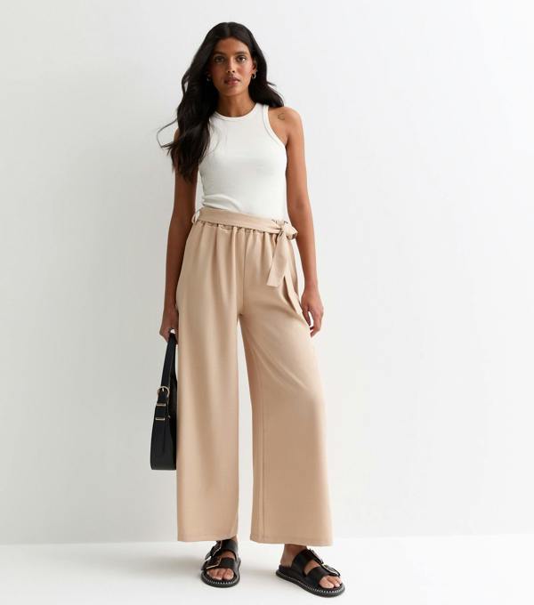 Gini London Camel Elasticated Wide leg Tie detail Trousers